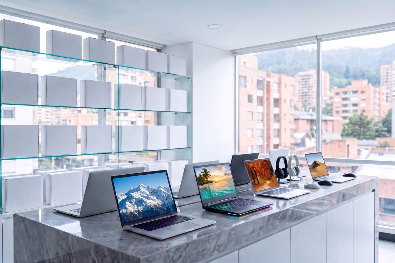 Technology reseller showroom in Bogotá with laptops on display
