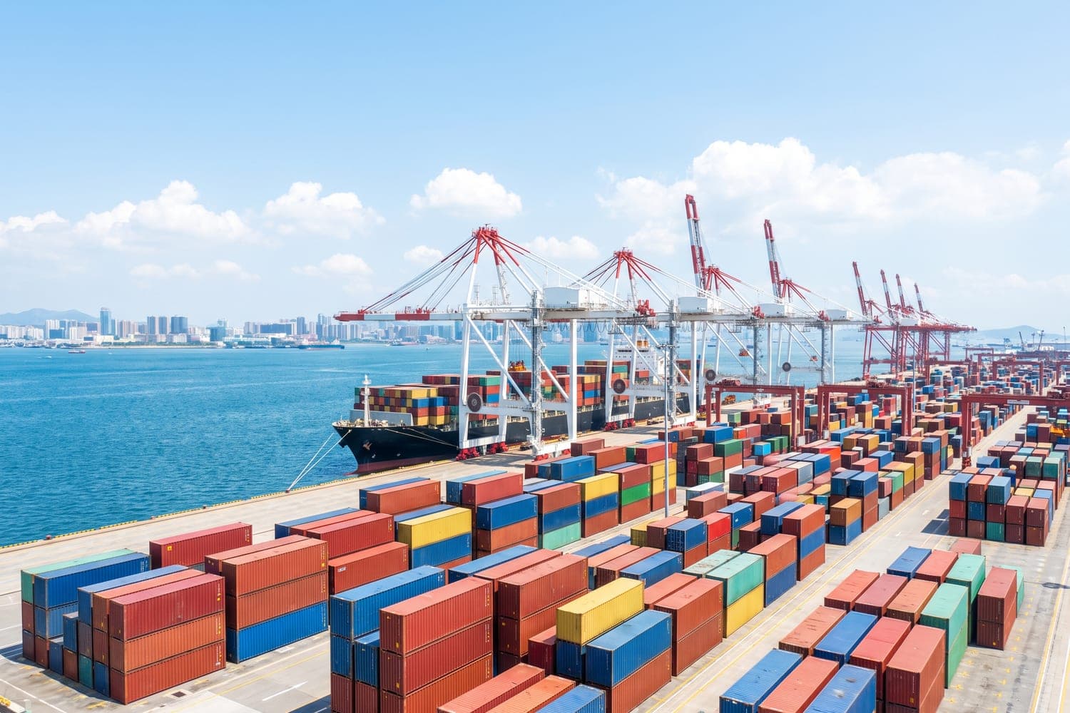 Cargo port with containers for international technology distribution
