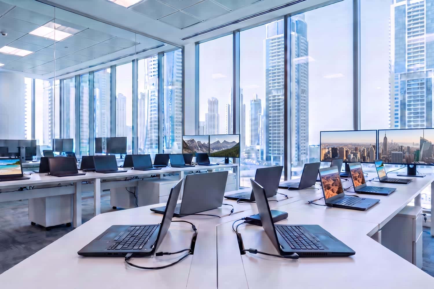 Laptops empresariales en configuración en una oficina de Dubái