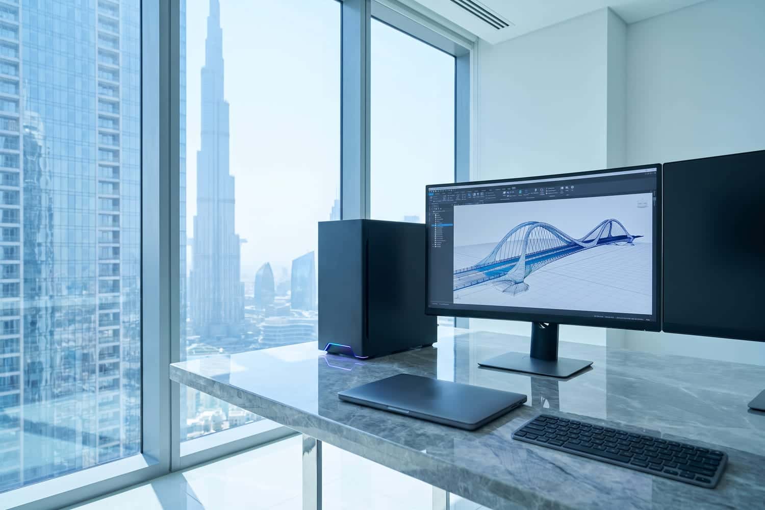 Workstation and monitors on a desk in an office overlooking Dubai