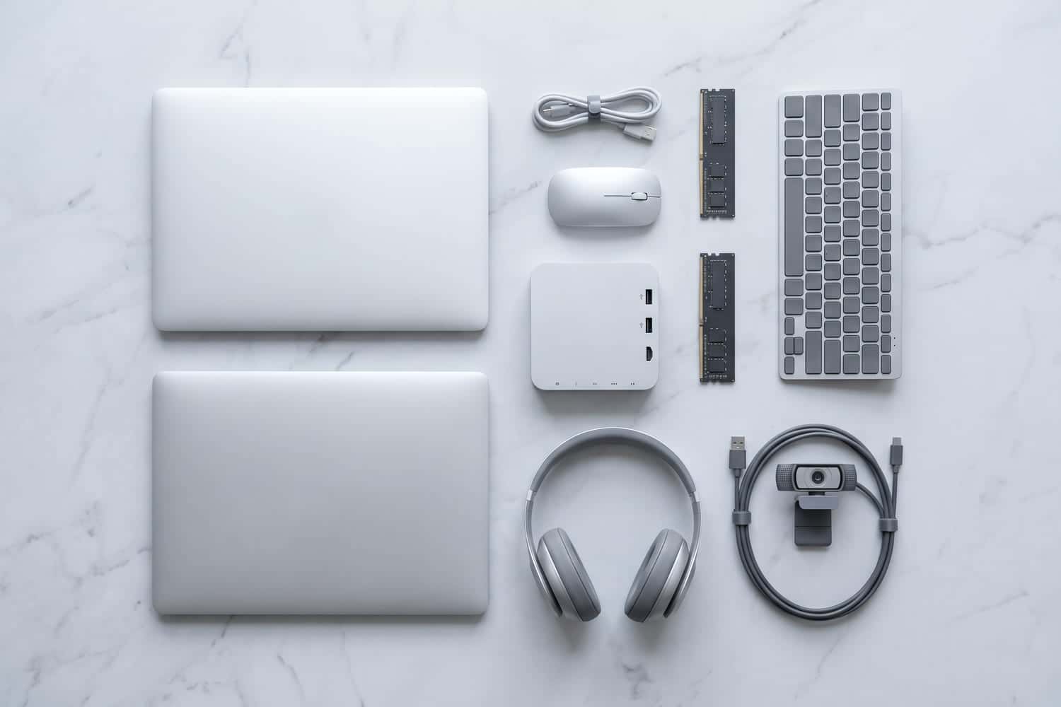 Laptop, periféricos, memoria y almacenamiento de un mismo catálogo B2B de tecnología