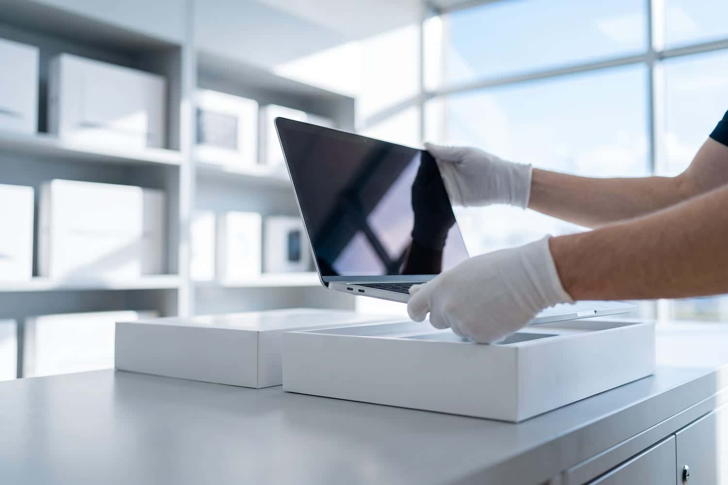 New laptop being taken out of its box at a technology reseller