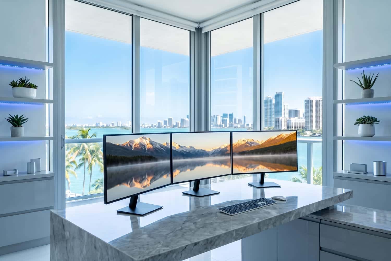 Escritorios de oficina equipados con monitores empresariales